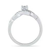 Womens 1/8 CT. T.W. Natural White Diamond Sterling Silver Round Side Stone Halo Promise Ring