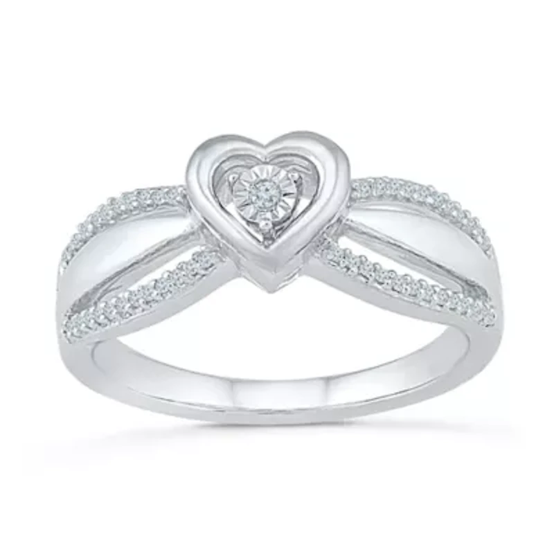 Promise My Love Womens 1/10 CT. T.W. Natural White Diamond Sterling Silver Heart Side Stone Ring