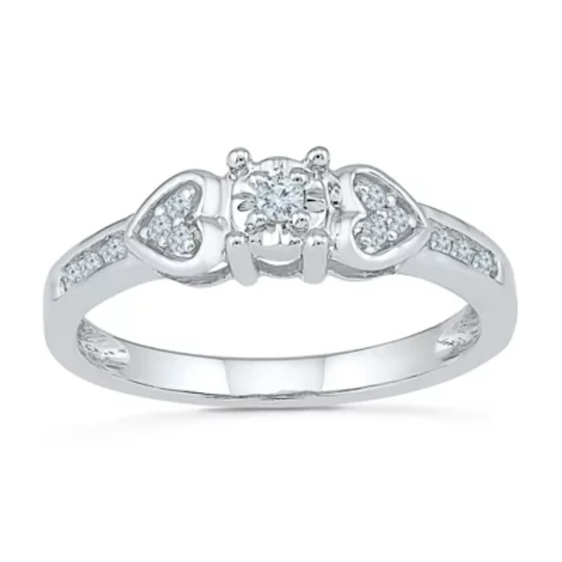 Promise My Love Womens 1/10 CT. T.W. Natural White Diamond Sterling Silver Heart Side Stone Ring
