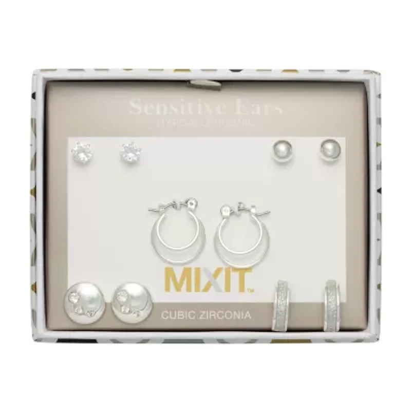 Mixit Womens Cubic Zirconia Round Hypoallergenic 5 Pair Earring Set