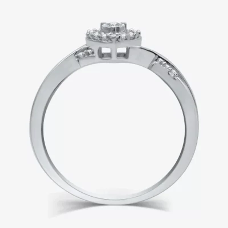 Promise My Love Womens 1/10 CT. T.W. Natural White Diamond Sterling Silver Heart Side Stone Halo Ring