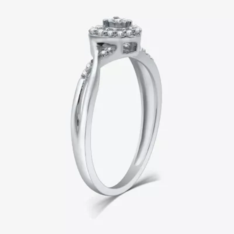 Promise My Love Womens 1/10 CT. T.W. Natural White Diamond Sterling Silver Heart Side Stone Halo Ring