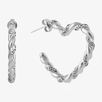 Silver Reflections Twisted Womens Crystal 26.6mm Heart Hoop Earrings