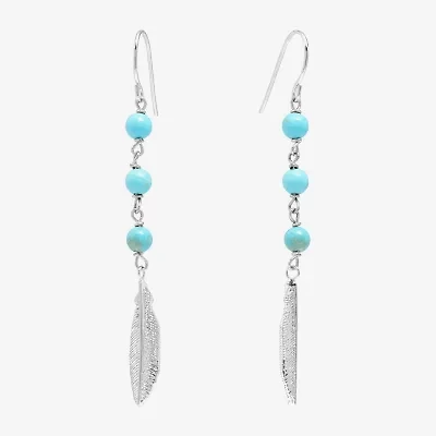 Sparkle Allure Feather Womens Turquoise Howlite Pure Silver Over Brass Drop Earrings