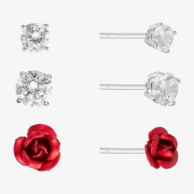 Silver Treasures Rose Womens Cubic Zirconia Sterling Silver Flower 3 Pair Earring Set