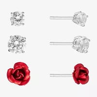 Silver Treasures Rose Womens Cubic Zirconia Sterling Silver Flower 3 Pair Earring Set