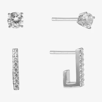 Silver Treasures Womens Cubic Zirconia Sterling Silver Square 2 Pair Earring Set