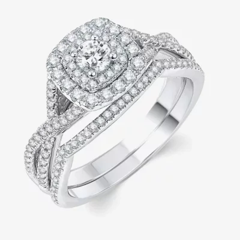 Signature By Modern Bride Womens 3/4 CT. T.W. Natural White Diamond 10K Gold Cushion Bridal Set