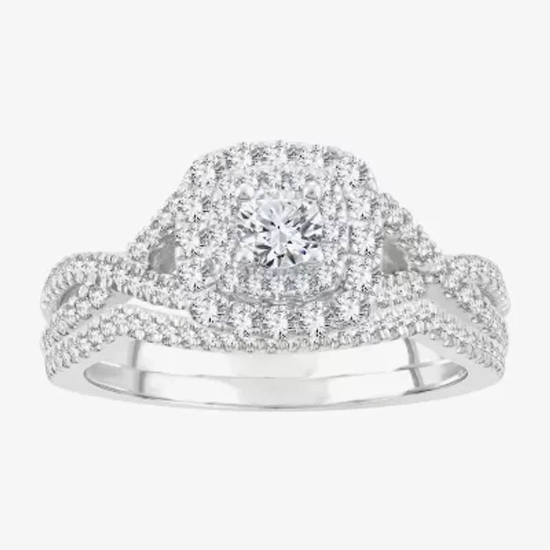 Signature By Modern Bride Womens 3/4 CT. T.W. Natural White Diamond 10K Gold Cushion Bridal Set