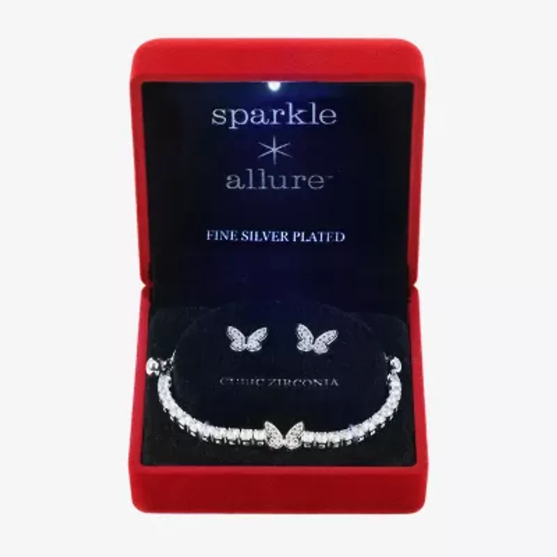 Sparkle Allure Light Up Box Womens Cubic Zirconia Pure Silver Over Brass Butterfly 2-pc. Jewelry Set