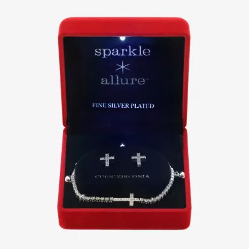 Sparkle Allure Light Up Box Womens Cubic Zirconia Pure Silver Over Brass Cross 2-pc. Jewelry Set