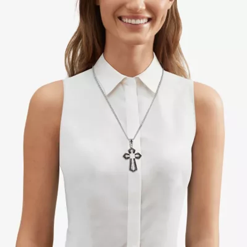 Made in Italy Mens Black Spinel Sterling Silver Cross 22 Inch Pendant Necklace