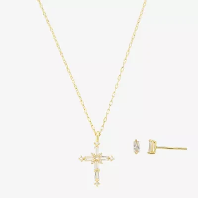 Footnotes Faith Womens Cubic Zirconia 14K Gold Over Brass Cross 2-pc. Jewelry Set