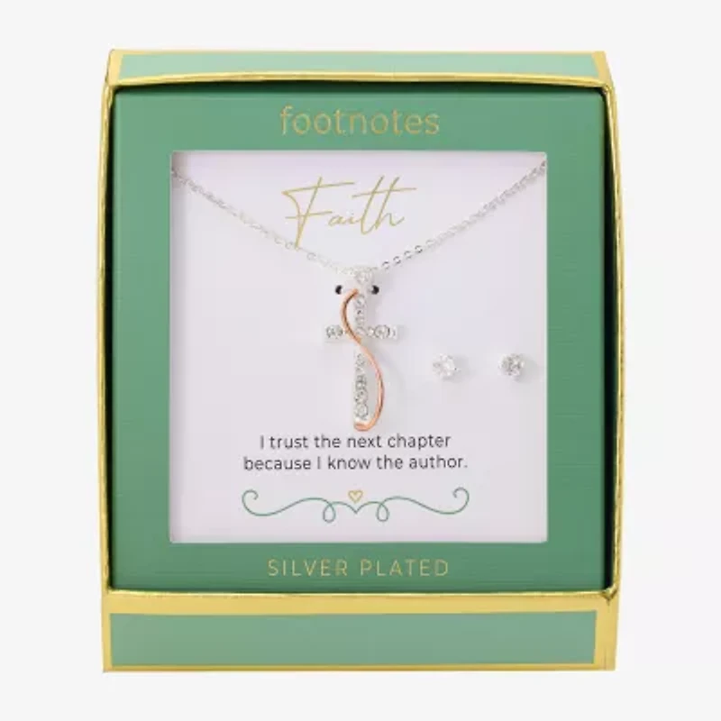 Footnotes Faith Womens Cubic Zirconia 14k Rose Gold Over Brass Pure Silver Over Brass Cross 2-pc. Jewelry Set