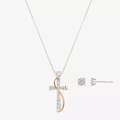 Footnotes Faith Womens Cubic Zirconia 14k Rose Gold Over Brass Pure Silver Over Brass Cross 2-pc. Jewelry Set