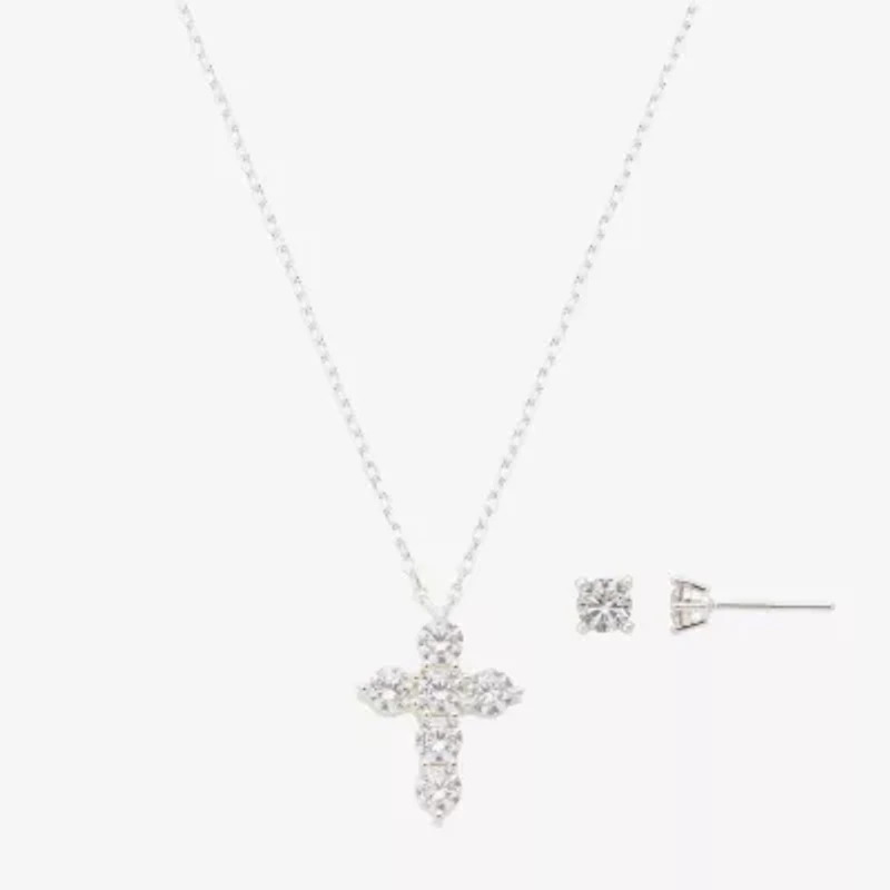 Footnotes Faith Womens Cubic Zirconia Pure Silver Over Brass Cross 2-pc. Jewelry Set