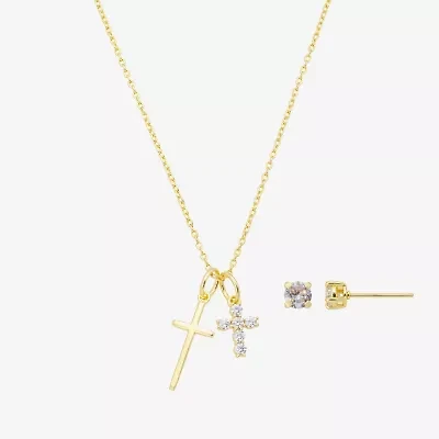 Footnotes Faith Womens Cubic Zirconia 14K Gold Over Brass Cross 2-pc. Jewelry Set