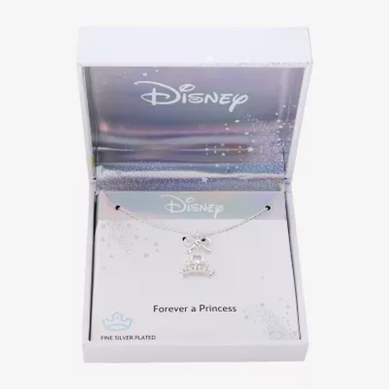 Disney Classics Womens Cubic Zirconia Pure Silver Over Brass Crown 16 Inch Pendant Necklace