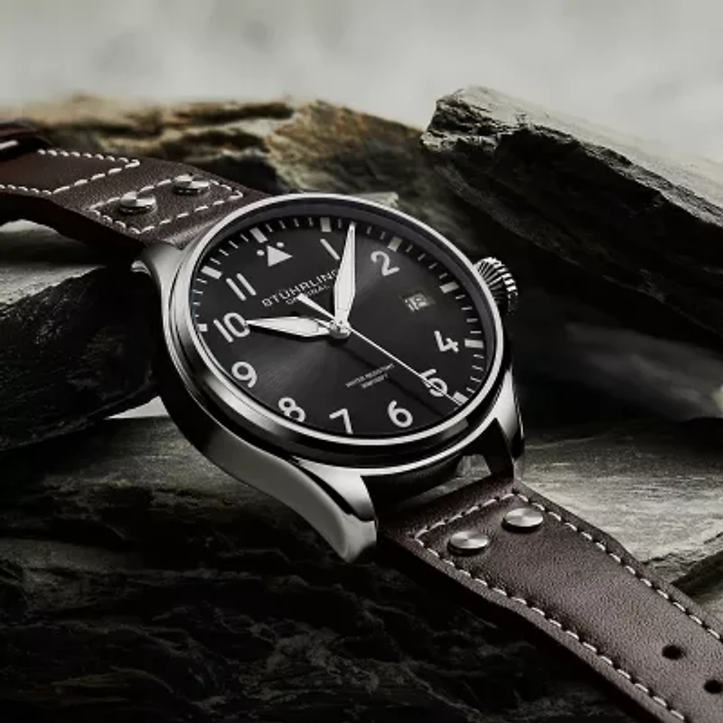 Stuhrling Mens Silver Tone Leather Strap Watch 4078.1