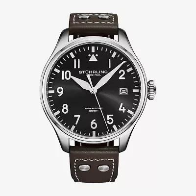 Stuhrling Mens Silver Tone Leather Strap Watch 4078.1