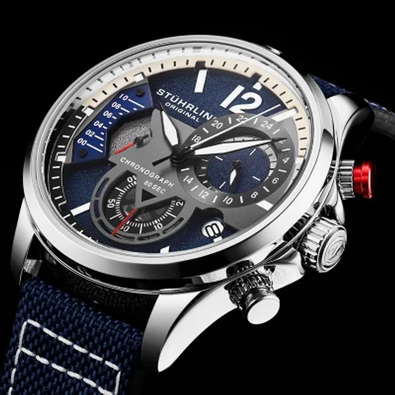 Stuhrling Mens Blue Leather Strap Watch 4029.2