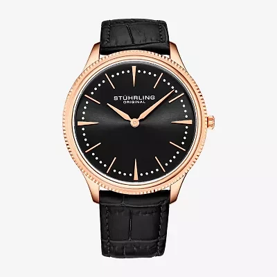 Stuhrling Mens Black Leather Strap Watch 3984.4