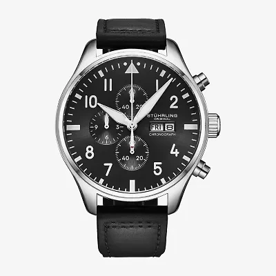 Stuhrling Mens Black Leather Strap Watch