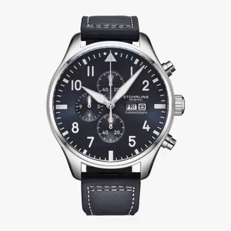 Stuhrling Mens Black Leather Strap Watch 4075.2