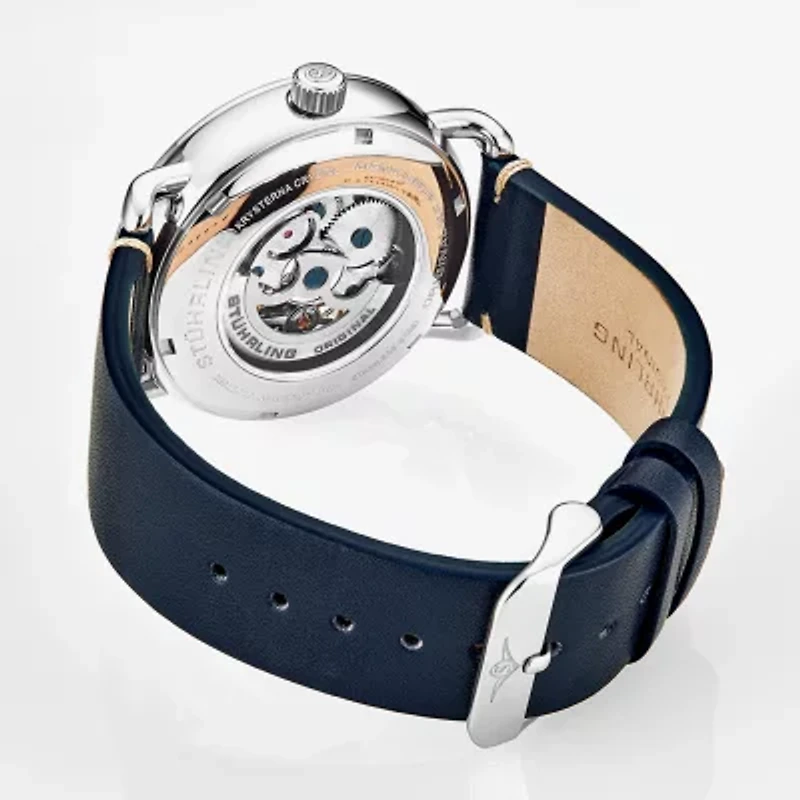 Stuhrling Mens Automatic Blue Leather Strap Watch 3972.1