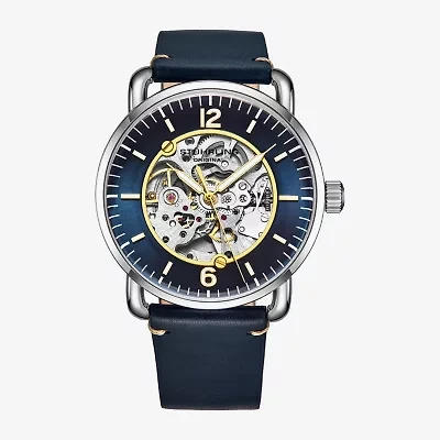 Stuhrling Mens Automatic Blue Leather Strap Watch 3972.1
