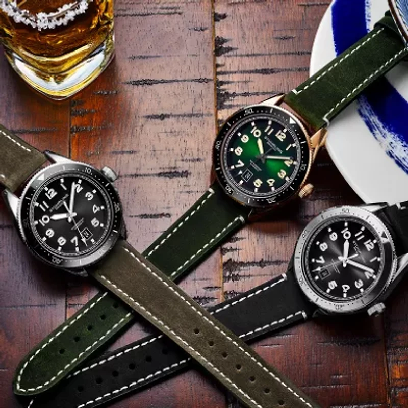 Stuhrling Mens Green Leather Strap Watch 3989.5