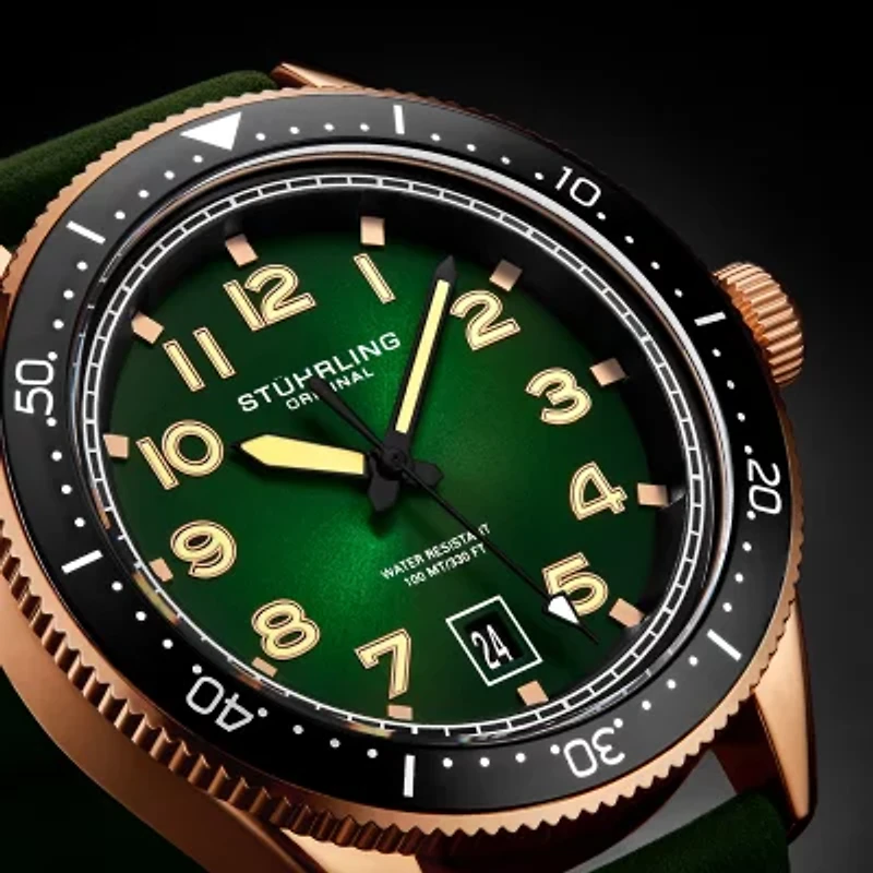 Stuhrling Mens Green Leather Strap Watch 3989.5