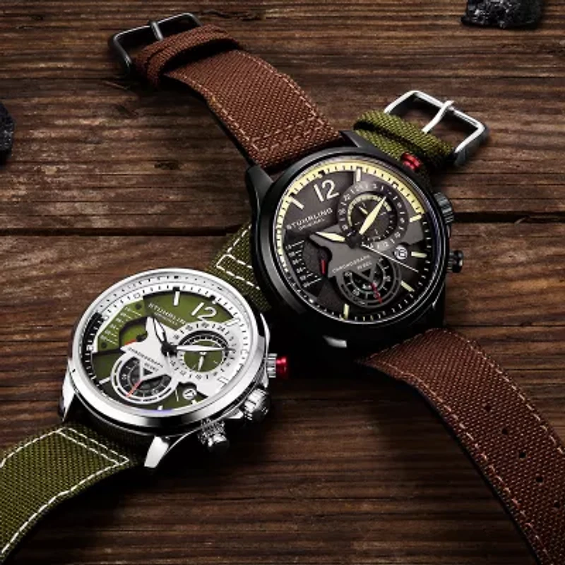 Stuhrling Mens Green Leather Strap Watch 4029.3