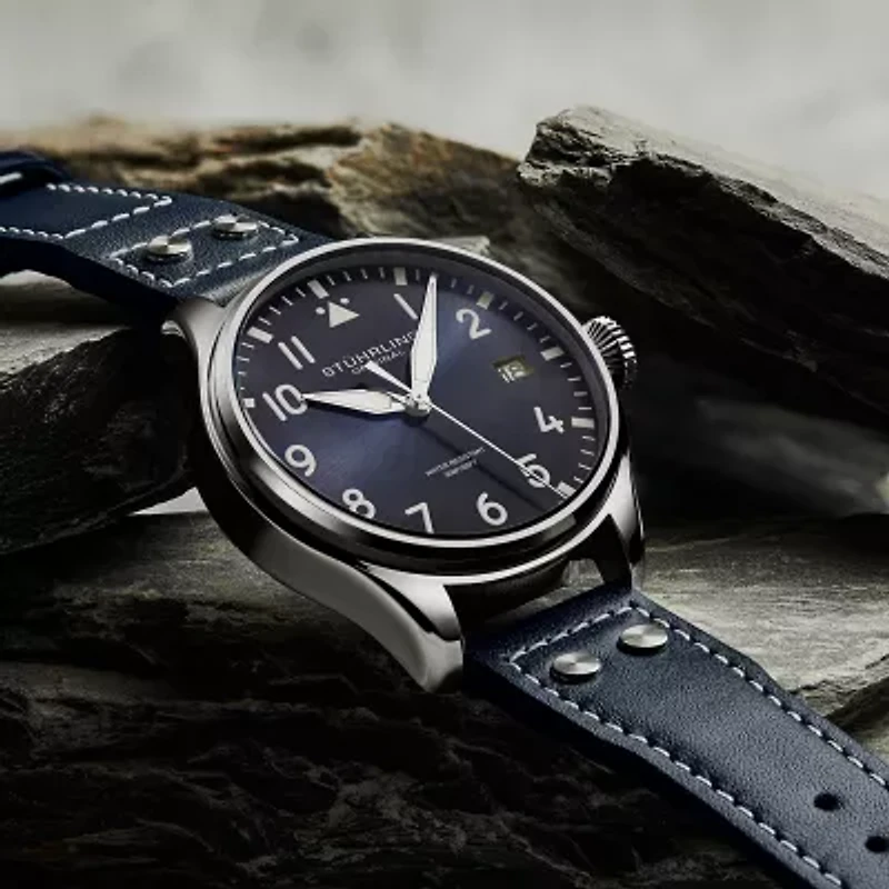 Stuhrling Mens Blue Leather Strap Watch 4078.2