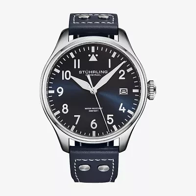Stuhrling Mens Blue Leather Strap Watch 4078.2