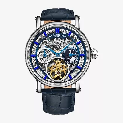 Stuhrling Mens Automatic Blue Leather Strap Watch 4000.1