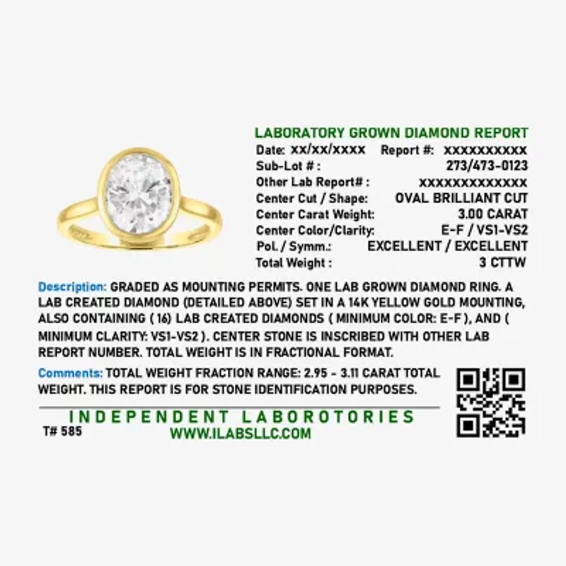 E-F / Vs1-Vs2 Womens 3 CT. T.W. Lab Grown White Diamond 14K Gold Oval Solitaire Engagement Ring