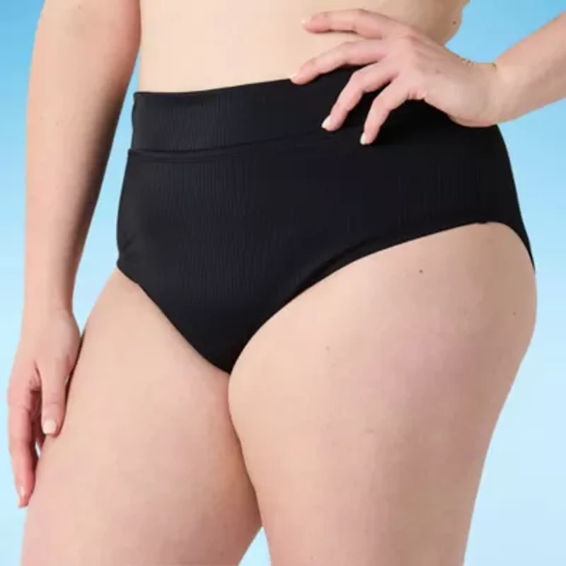 Decree Ribbed Womens Stretch Fabric Textured Juniors Plus High Waist Bikini Swimsuit Bottom