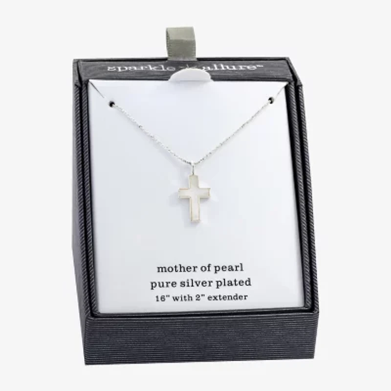 Sparkle Allure Womens White Mother Of Pearl Pure Silver Over Brass Cross 16 Inch Pendant Necklace