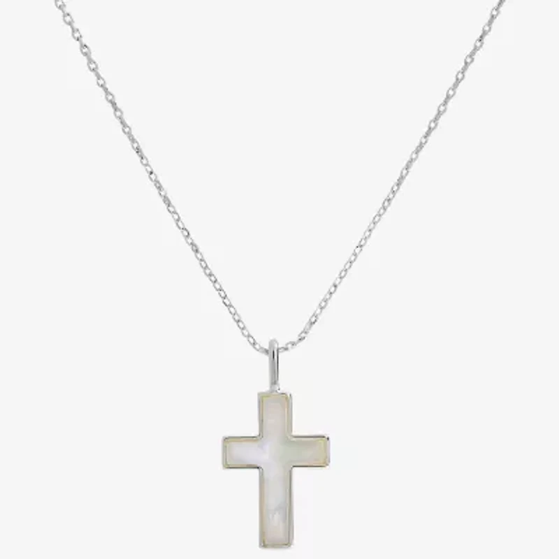 Sparkle Allure Womens White Mother Of Pearl Pure Silver Over Brass Cross 16 Inch Pendant Necklace
