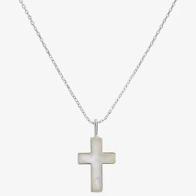 Sparkle Allure Womens White Mother Of Pearl Pure Silver Over Brass Cross 16 Inch Pendant Necklace