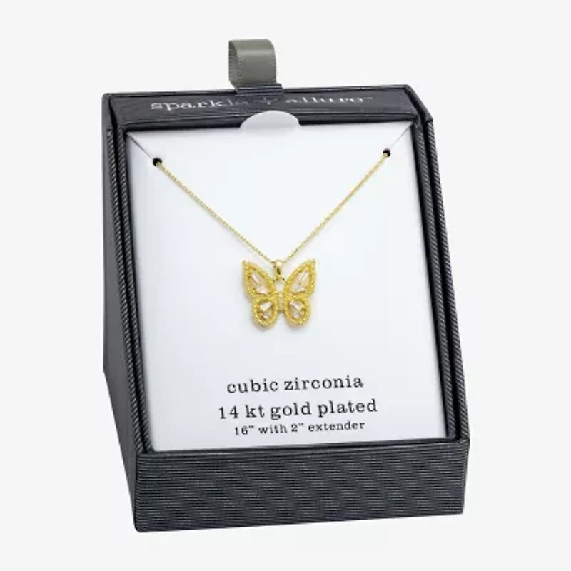 Sparkle Allure Womens Cubic Zirconia 14K Gold Over Brass Butterfly 16 Inch Pendant Necklace