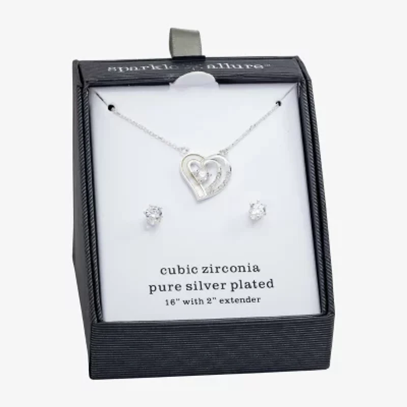 Sparkle Allure Womens Cubic Zirconia Pure Silver Over Brass Heart 2-pc. Jewelry Set