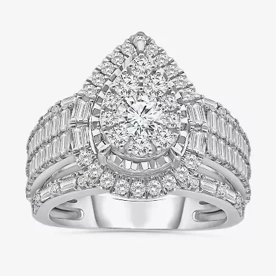 (I / I1) Womens 2 CT. T.W. Lab Grown White Diamond 10K Gold Pear Side Stone Halo Engagement Ring
