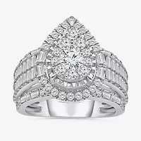 (I / I1) Womens 2 CT. T.W. Lab Grown White Diamond 10K Gold Pear Side Stone Halo Engagement Ring