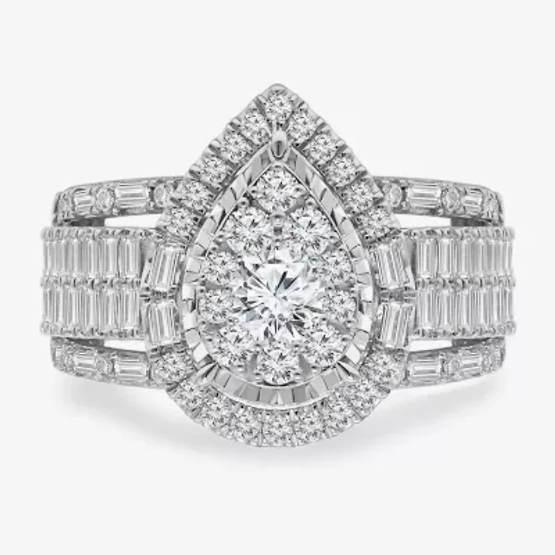 (I / I1) Womens 2 CT. T.W. Lab Grown White Diamond 10K Gold Pear Side Stone Halo Engagement Ring