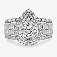(I / I1) Womens 2 CT. T.W. Lab Grown White Diamond 10K Gold Pear Side Stone Halo Engagement Ring