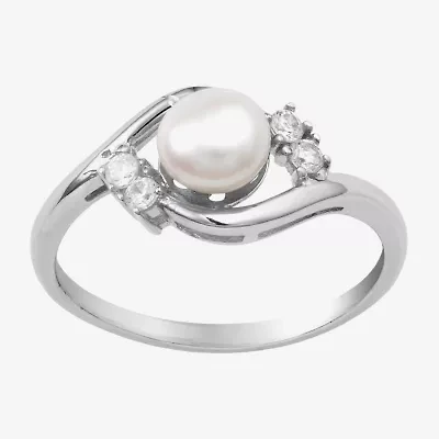 Silver Treasures Cultured Freshwater Pearl Womens White Cubic Zirconia Sterling Delicate Bypass  Promise Ring