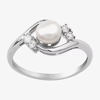 Silver Treasures Cultured Freshwater Pearl Womens White Cubic Zirconia Sterling Delicate Bypass  Promise Ring