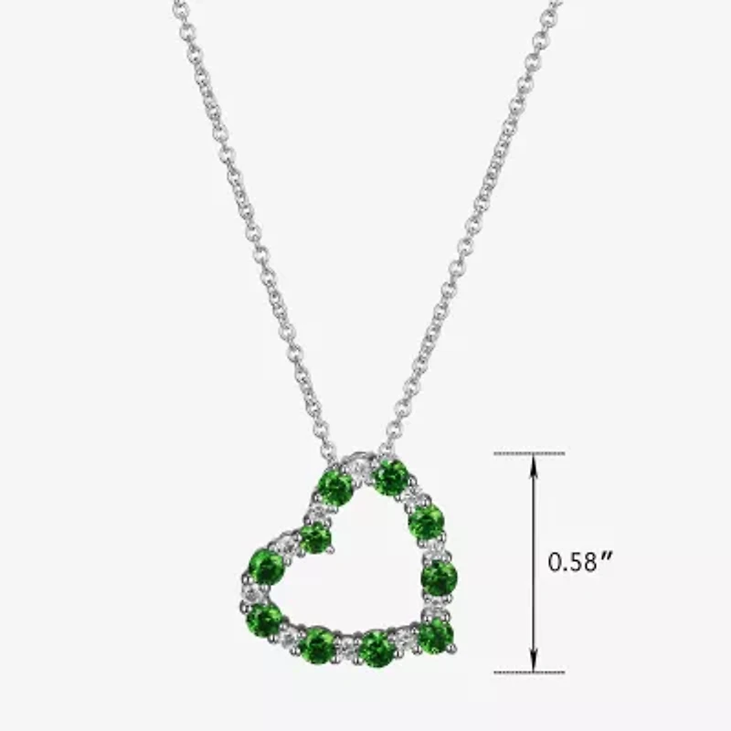 Womens Lab Grown Green Emerald & 1/7 CT. T.W. Lab Grown White Diamond Sterling Silver Heart Pendant Necklace